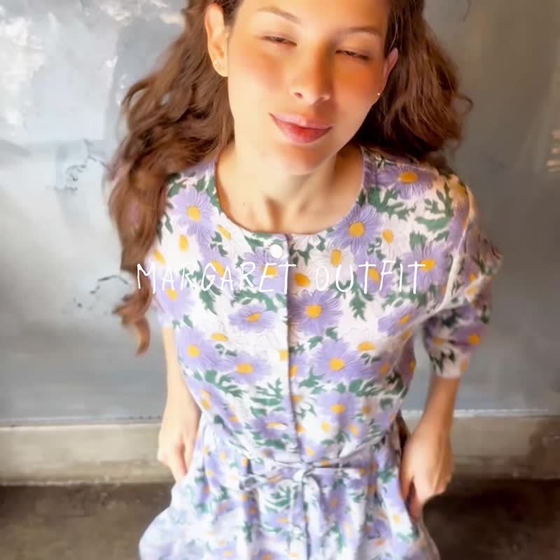 渐层美感、Margaret 图案纯棉卡迪布前扣洋装 pink - 洋装/连衣裙 - 棉．麻 粉红色