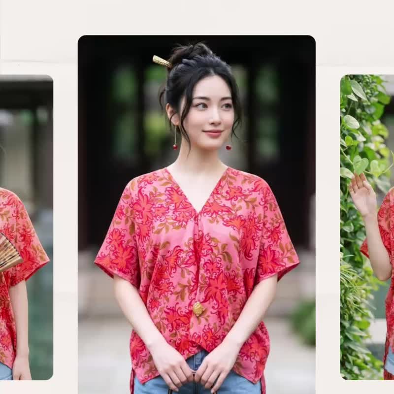 异国风泰丝前短后长包臀红色花朵绿藤蔓华丽图腾罩衫四角衣 - 女装衬衫 - 丝．绢 红色