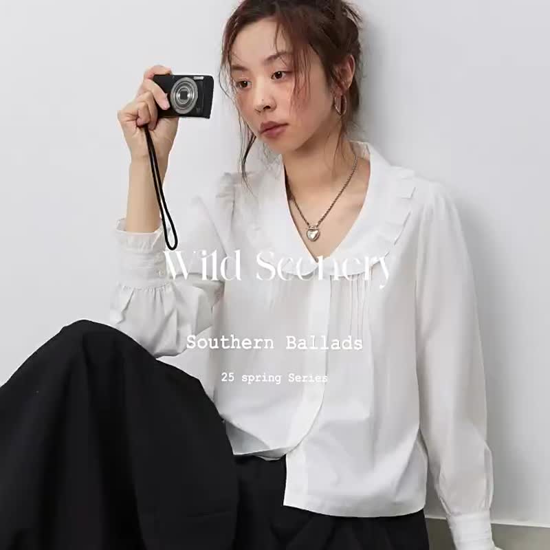 白色 留一片空白 法式文襯衫 娃娃領上衣 氣質通勤基礎款 - 女装衬衫 - 棉．麻 白色