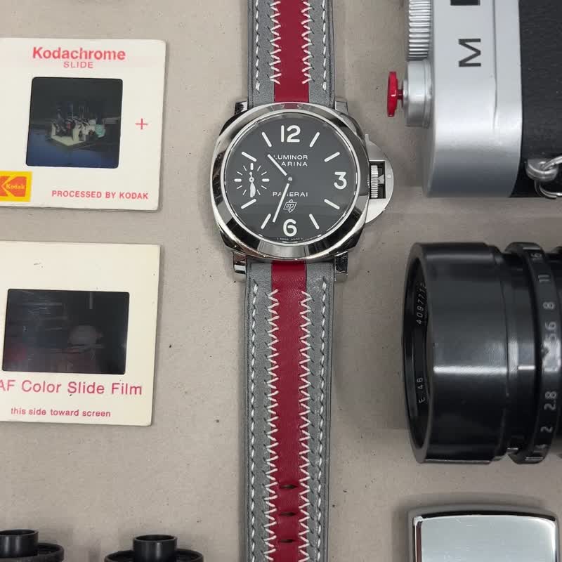 父亲节礼物, 灰红色条子表带, 24mm 手工表带, Panerai 26mm 表带 - 表带 - 真皮 灰色