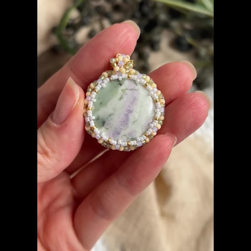 和平玉 玻璃米珠x天然石 串珠吊坠 配宝石链 - 项链 - 水晶 绿色