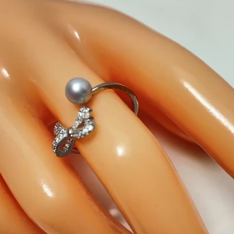 蝴蝶结 天然海水珍珠 akoya 真多麻 S925银14K注金 戒指 - 戒指 - 珍珠 透明