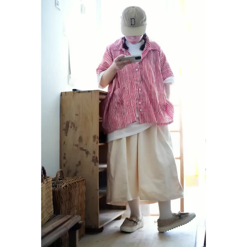 歪歪的红线超宽版四方衬衫 - 女装衬衫 - 棉．麻 红色