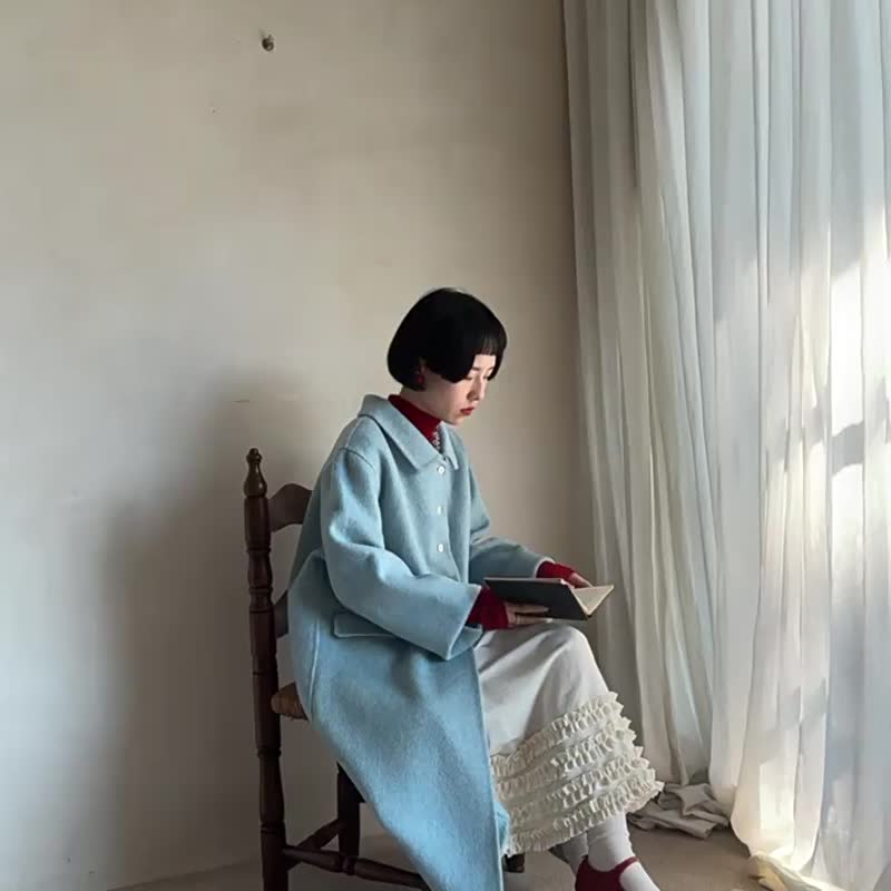 古典藍 羊毛呢大衣 冬季通勤時尚保暖長款翻領外套 - 女装休闲/机能外套 - 羊毛 蓝色