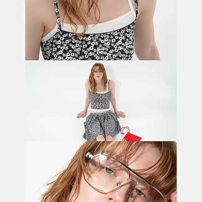 黑白素描 碎花撞色兩件套高彈疊穿上衣  細肩帶背心 - 女装背心 - 其他人造纤维 白色
