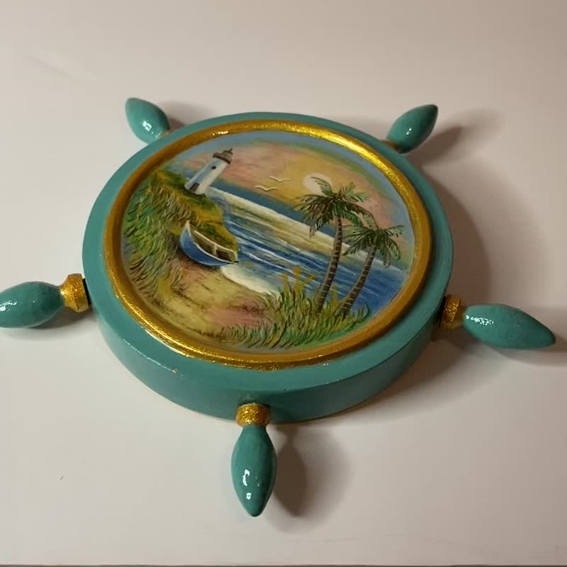 板夜海洋，绿松石金色，海景画，木制家居装饰 - 摆饰 - 木头 蓝色