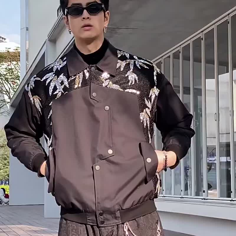 冬季新中式竹葉亮片棉服  男士拼接棉衣外套 - 男装外套 - 聚酯纤维 