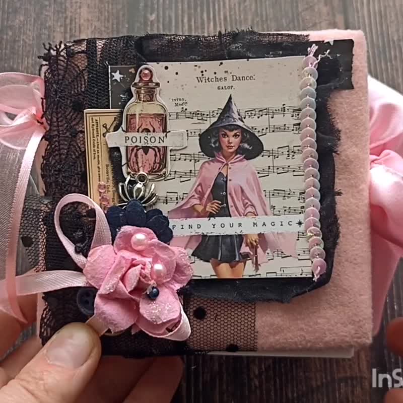 粉色歌德风女巫魔法书手帐本 手工制作 女巫学笔记本 10*10cm - 笔记本/手帐 - 纸 粉红色