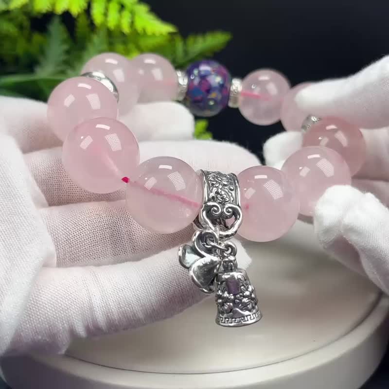 设计款粉晶手串20mm冰透闪片大颗粒玫瑰石英配大漆珠S999银男女款 - 手链/手环 - 水晶 多色