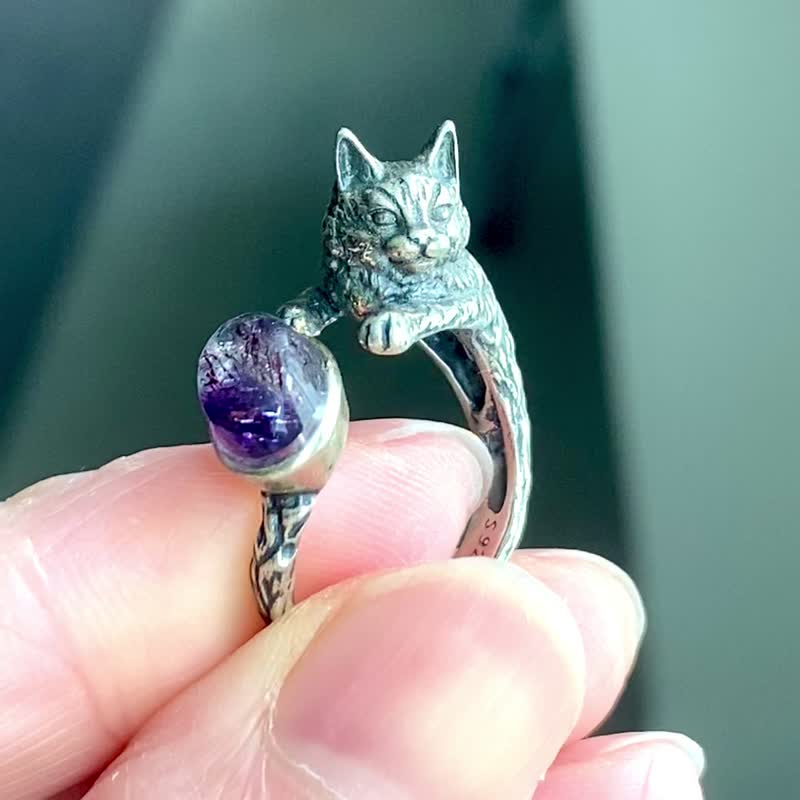 立体银雕刻猫咪超七原石戒指 - 戒指 - 水晶 紫色