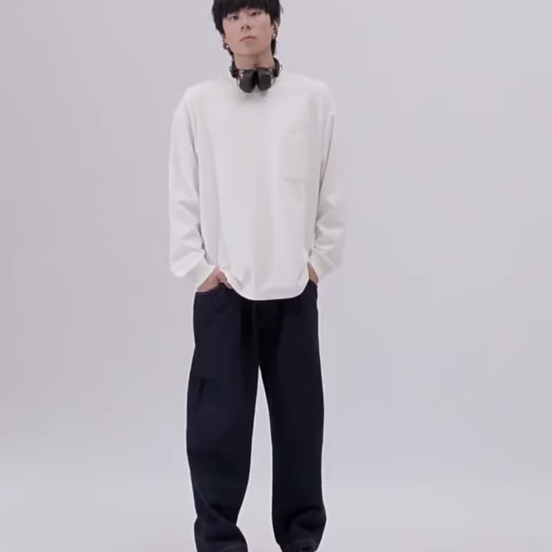 中性纯色口袋发热长袖圓領T恤 保暖廓形Tee 情侶裝 - 中性连帽卫衣/T 恤 - 棉 多色