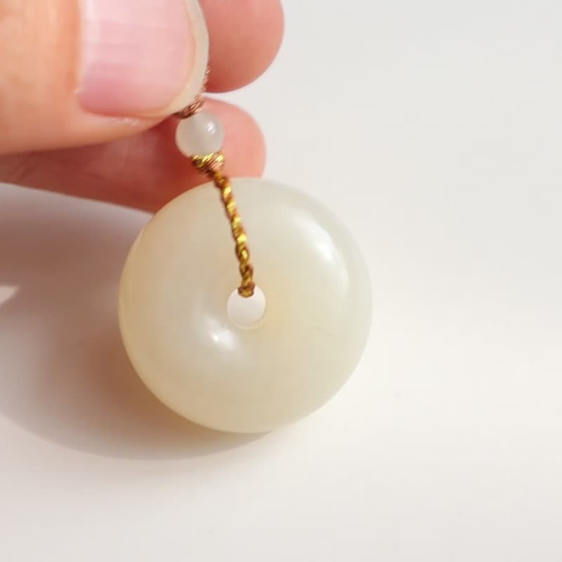 天然冰底藕粉和田玉平安扣吊坠项链面包圈甜甜圈平安喜乐顺遂无忧 - 项链 - 玉石 