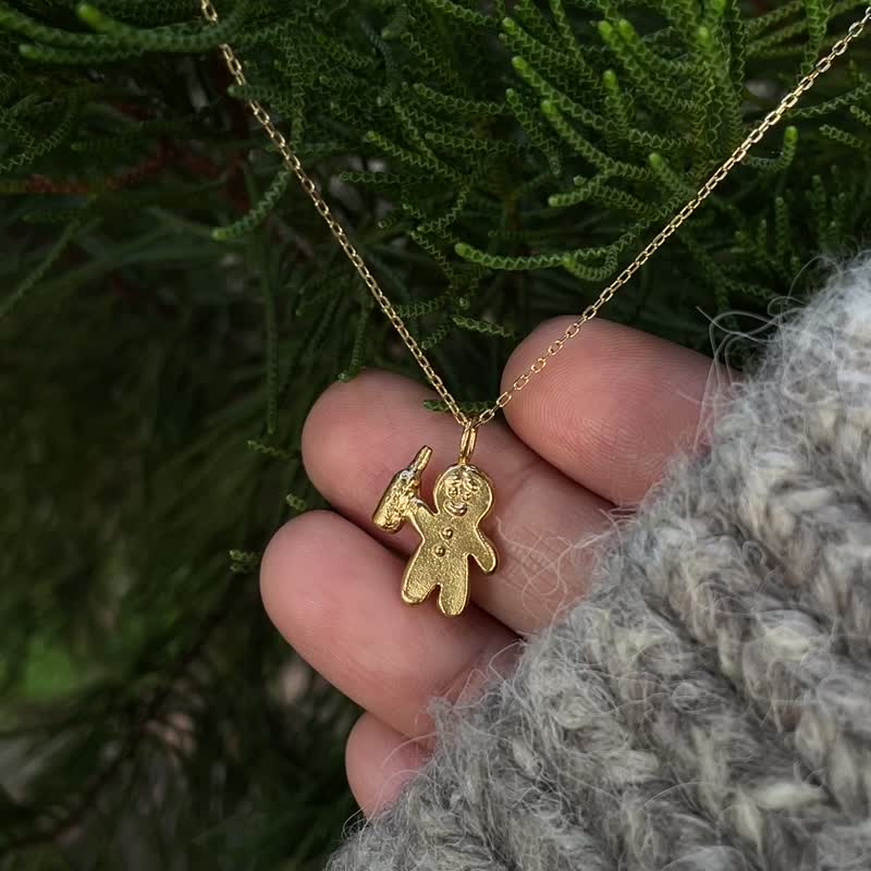 酒鬼系列-干杯姜饼人 金色 原创金工项链 纯银镀金 - 项链 - 纯银 金色