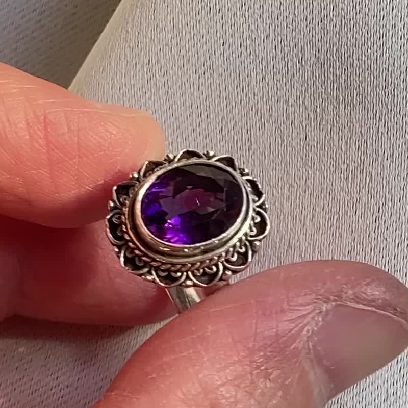 天然 紫水晶 戒指 国际戒围#12 尼泊尔 手工制 925纯银 - 戒指 - 水晶 紫色