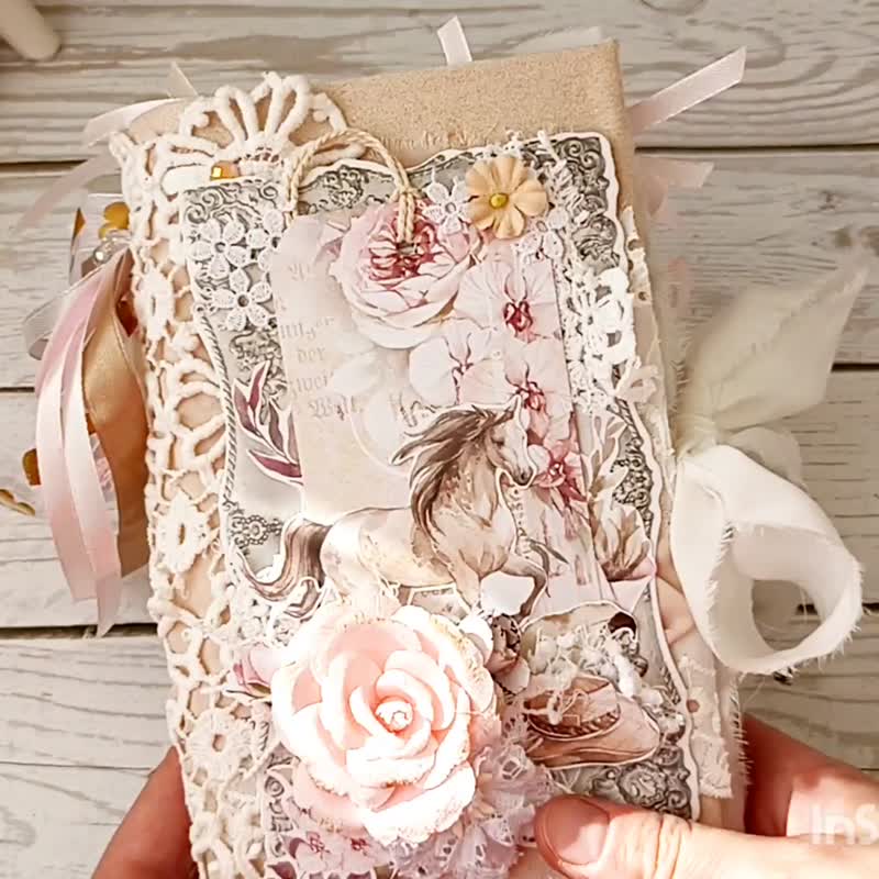 蕾丝马垃圾日记手工制作 Cottagecore 乳制品玫瑰日记优雅波西米亚风 - 笔记本/手帐 - 纸 粉红色