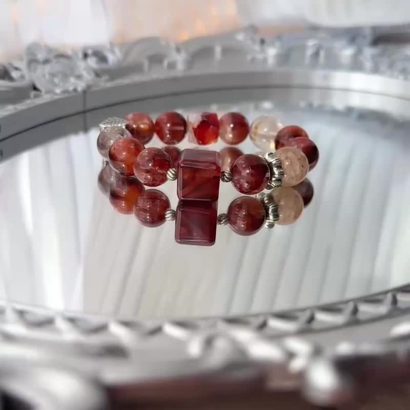 牛血红胶花红发晶红铜发千层幽灵足银999设计款手链 - 手链/手环 - 水晶 红色