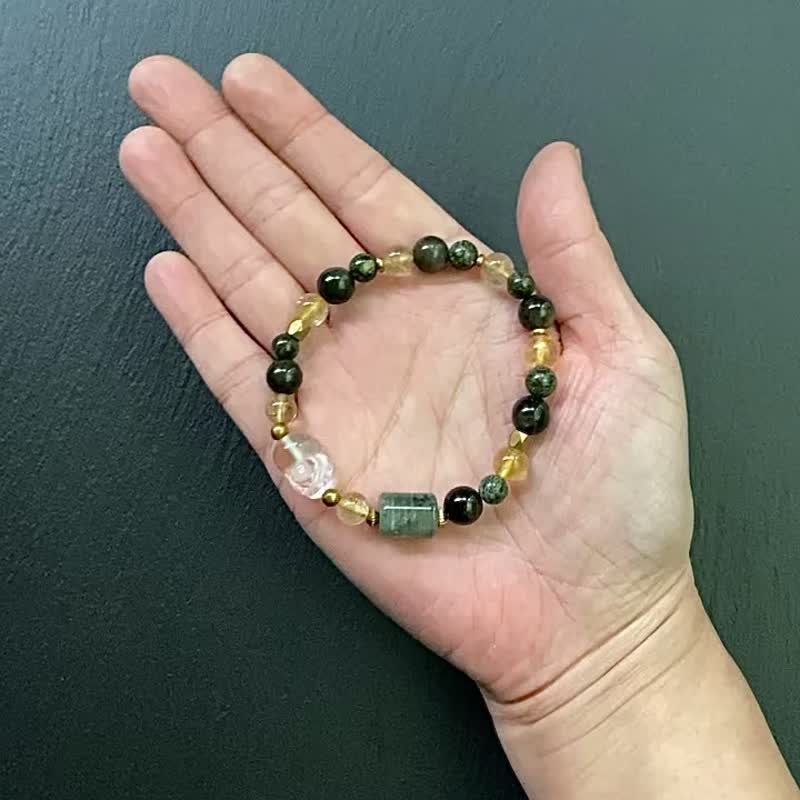 金发晶 金曜石 药王石 绿幽灵 白水晶貔貅黄铜手链 招财开运 定制 - 手链/手环 - 水晶 多色