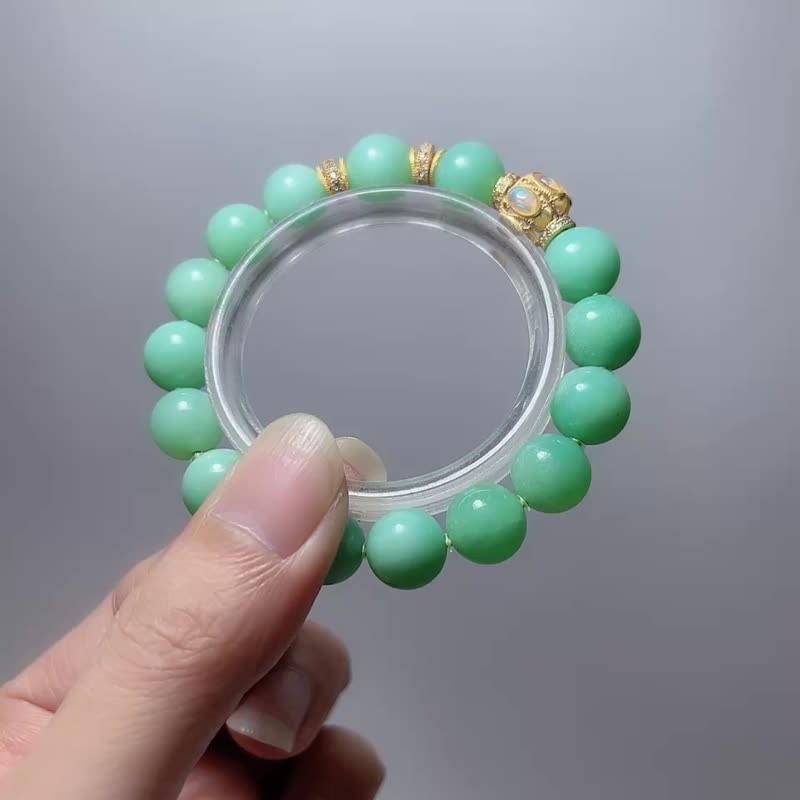 天然矿石 苹果绿 澳洲玉10.5mm 欧泊 925纯银珠 手链 - 手链/手环 - 宝石 绿色