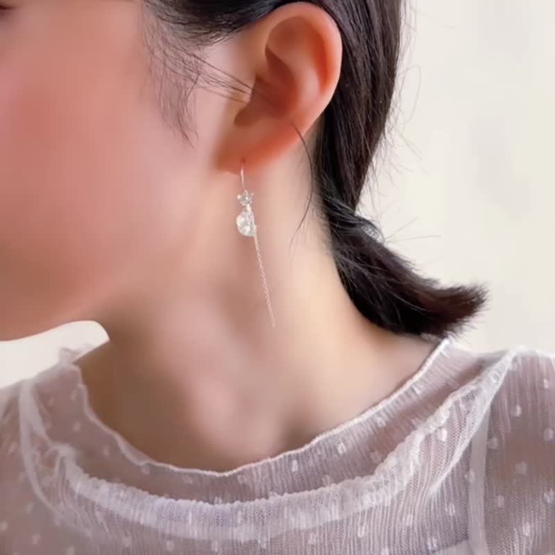 月白系 | 花霞 - 纯银 透明 水晶 矿石 轻珠宝 花 耳环 - 耳环/耳夹 - 纯银 粉红色