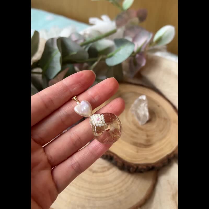 金发晶 爱心珍珠 玻璃米珠 x 天然石 串珠吊坠 配宝石链 - 项链 - 水晶 金色