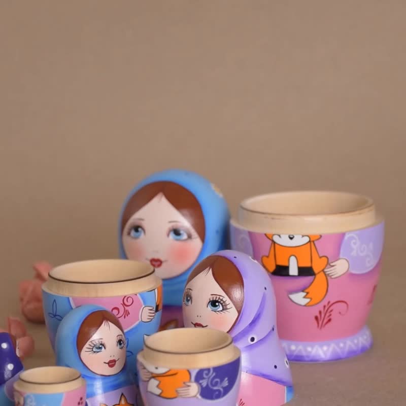Wooden Matryoshka Nesting Dolls with Fox, Montessori Sorting Toy, Gifts for Kids - 玩具/玩偶 - 木头 蓝色