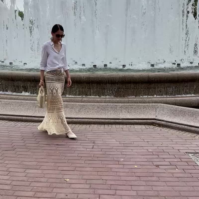 钩织海滩裙 荷叶边裙 夏季棉裙 女款白色裙 - 裙子 - 棉．麻 