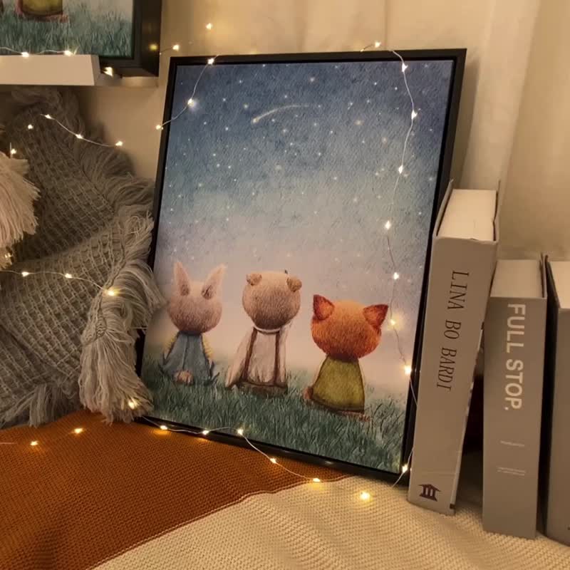 一起许愿吧 (横式) - 可爱手绘感动物插画挂画/儿童房摆设 - 海报/装饰画/版画 - 棉 蓝色