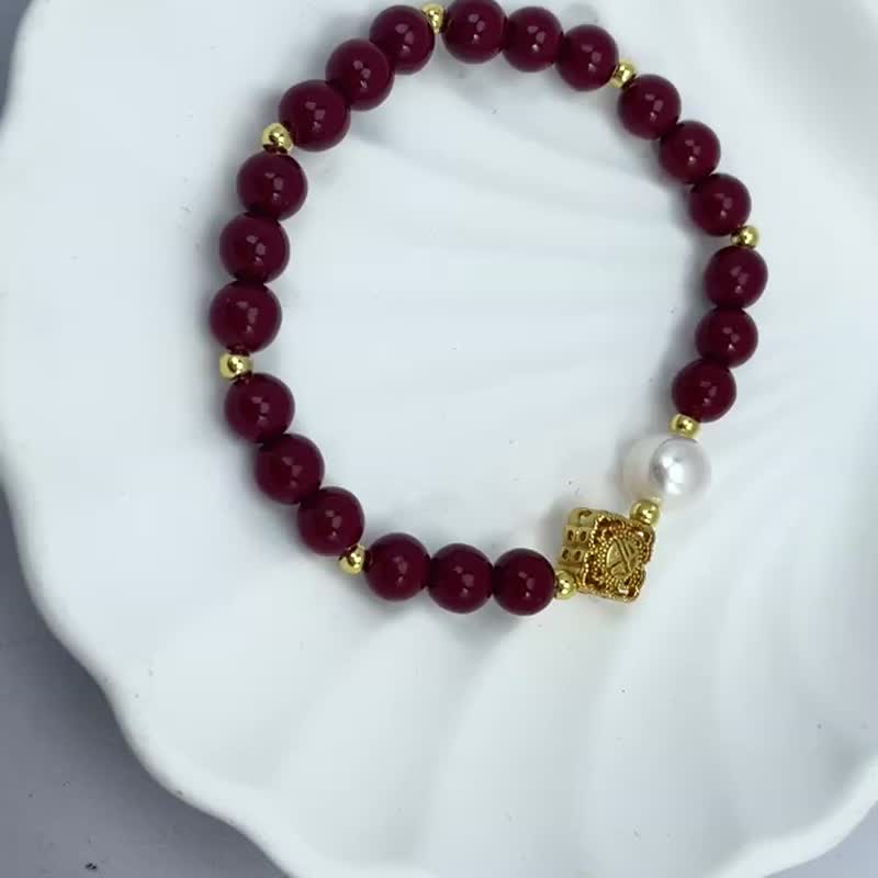 福字 天然淡水珍珠 朱砂 弹力 手链 - 手链/手环 - 珍珠 白色