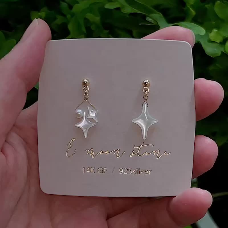 Shiny闪烁星芒 天然蝶贝不对称小耳环 14K - 耳环/耳夹 - 贝壳 白色