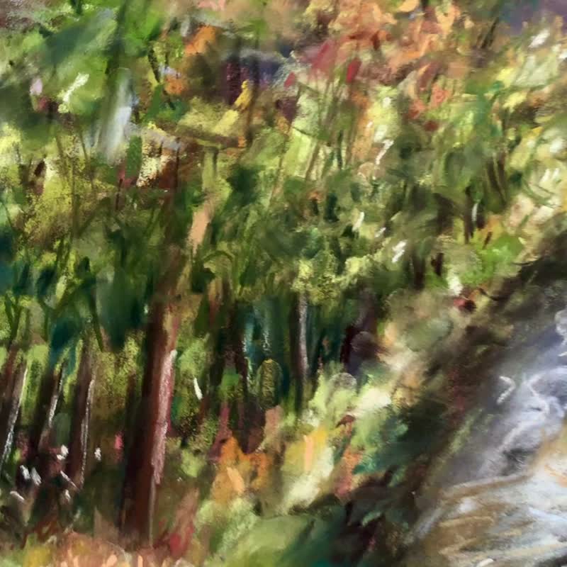 森林河流风景画 原创软质粉彩艺术， - 墙贴/壁贴 - 纸 绿色