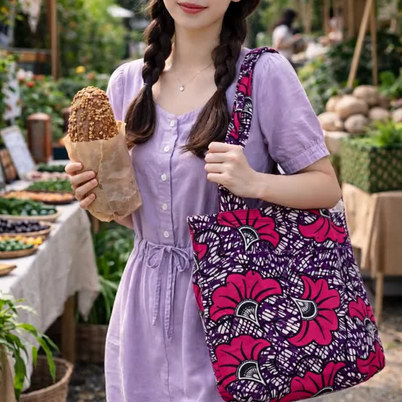 紫粉色系花卉图腾棉布托特包，手工制作，艺术风格。 - 手提包/手提袋 - 棉 紫色