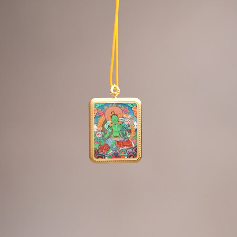 绿度母唐卡吊坠 – 真正的佛教护身 适合冥想使用 - 吊饰 - 其他材质 多色