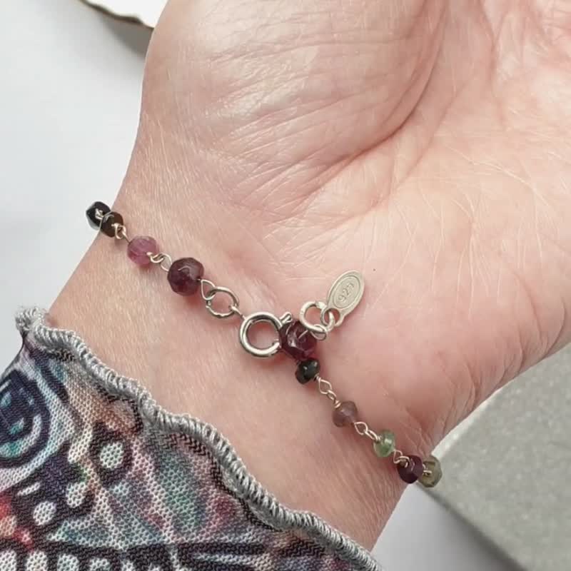 碧玺925纯银手链，石榴石，狮子座，牡羊座，摩羯座水晶 - 手链/手环 - 宝石 红色