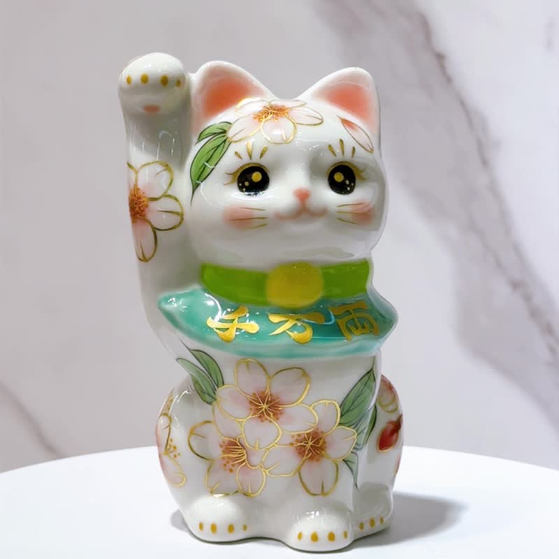 【樱舞富贵】日本清水烧招财猫 | 色绘 樱 千万両 - 摆饰 - 瓷 白色