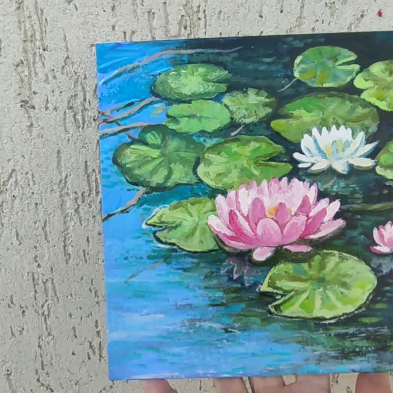 莲花画花卉原创艺术油画睡莲 20x20 池塘墙壁艺术 - 海报/装饰画/版画 - 其他材质 粉红色