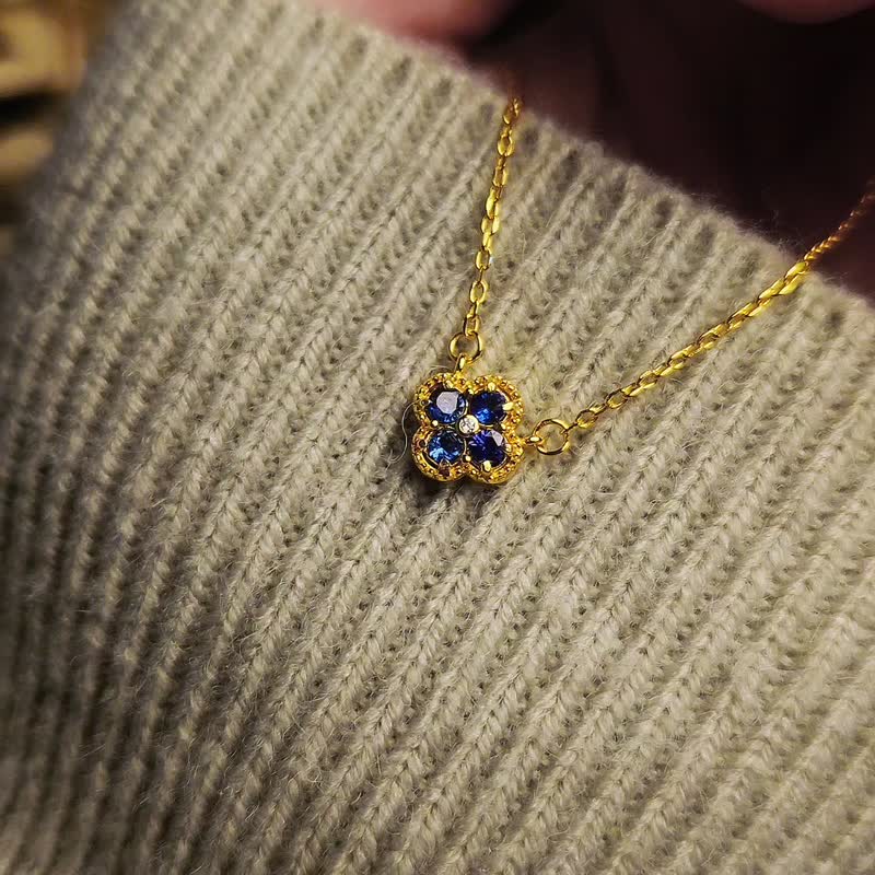 |闪耀幸运女神蓝宝石|天然无烧高级钻石切割蓝宝纯银四叶草项链 - 项链 - 宝石 