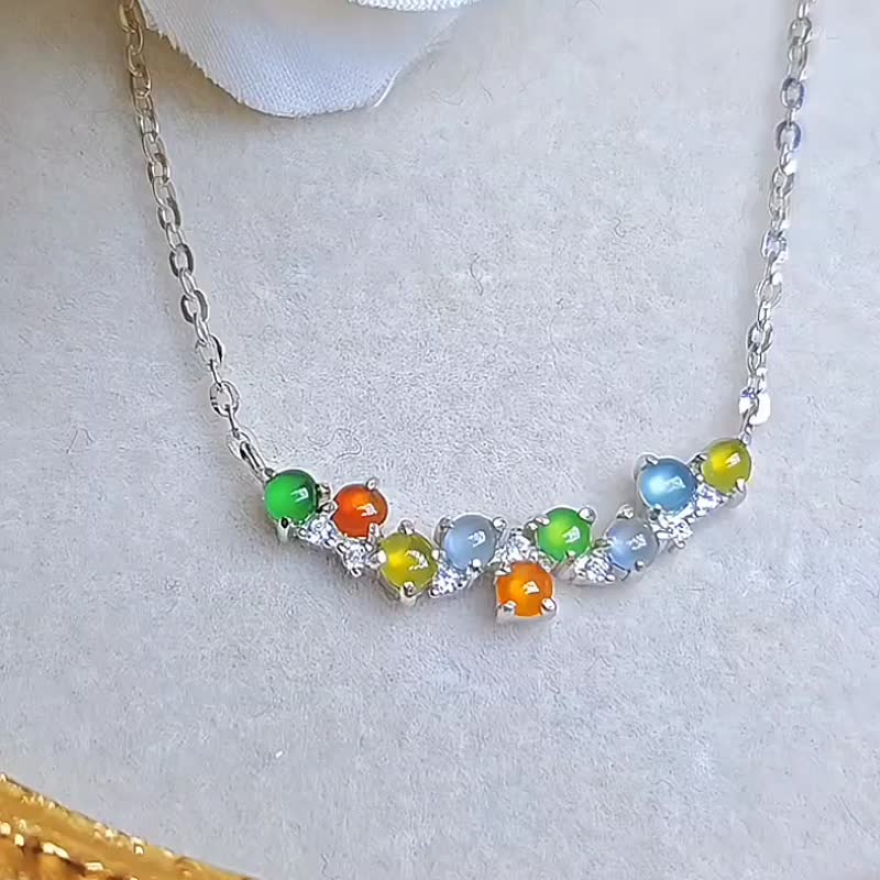 |幸运彩虹仙子|a货翡翠冰玻多彩虹蛋面2.5mm纯银镀18k设计款项链 - 项链 - 玉石 