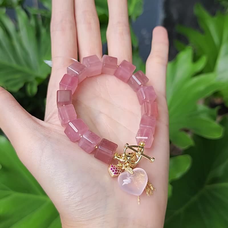 稀有酒红粉晶魔方 星光粉晶 心想事成 人缘 爱情 手链 单品 礼物 - 手链/手环 - 宝石 红色