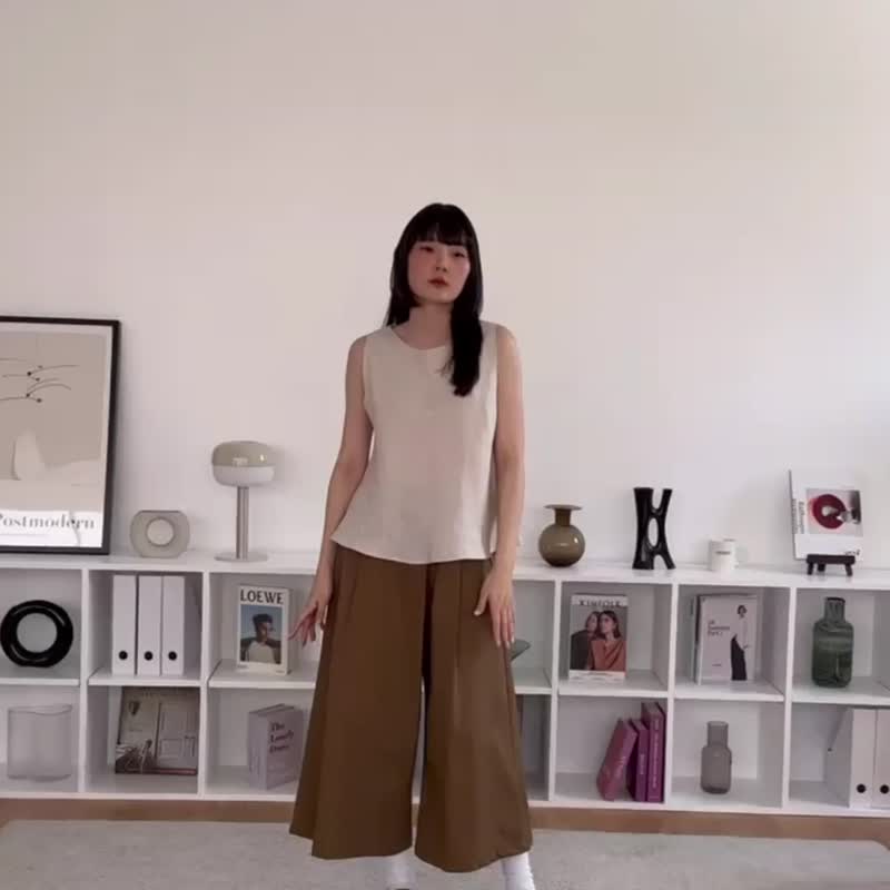 方领无袖亚麻上衣 - 原色 - 女装上衣 - 亚麻 卡其色