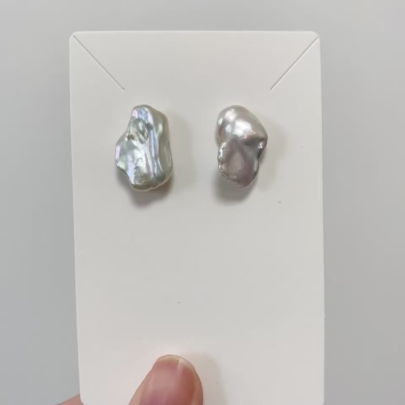 925纯银 鸳鸯耳环 天然淡水珍珠耳钉 巴洛克异形珍珠 - 耳环/耳夹 - 珍珠 白色