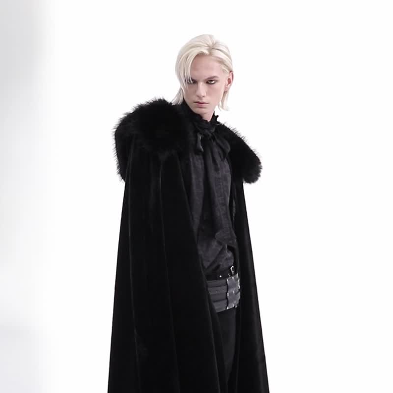 哥德魔法师毛绒领流苏斗篷 / 可拆毛领 - 男装外套 - 其他材质 黑色