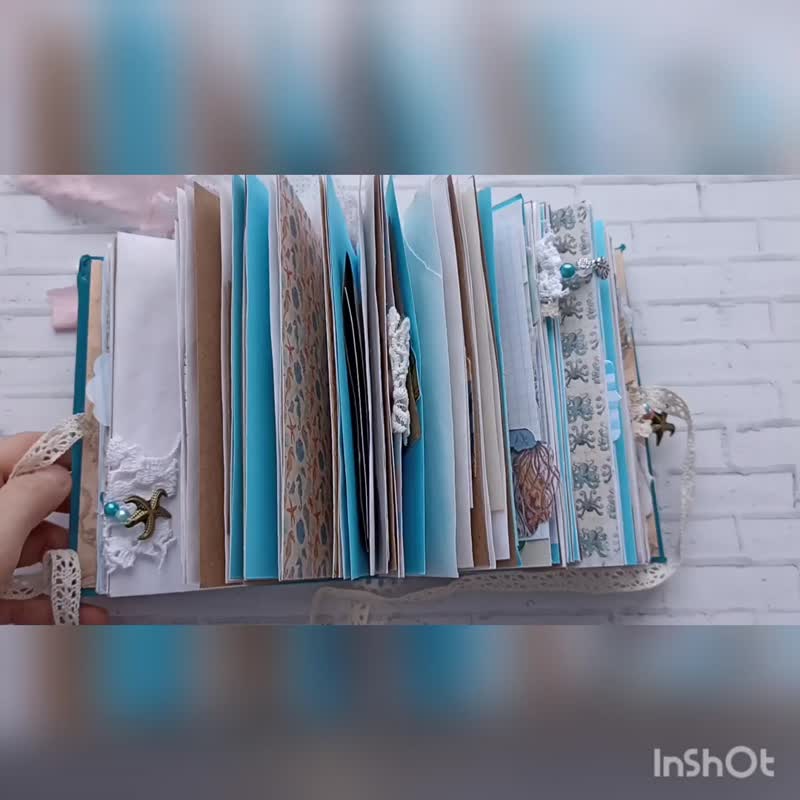 Mermaid junk journal handmade for sale Thick ocean lace notebook homemade - 笔记本/手帐 - 纸 蓝色