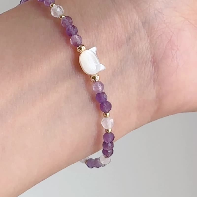 猫咪手链 紫水晶月光石弹性手环 猫奴疗愈饰品 生日礼物女生 - 手链/手环 - 水晶 紫色