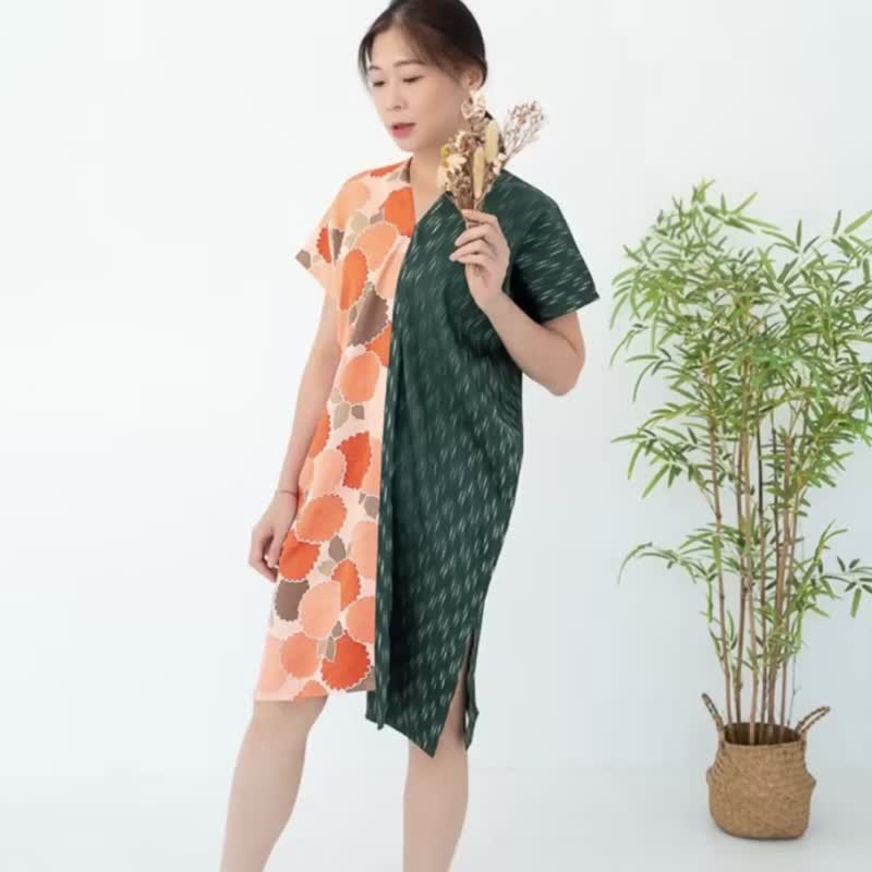 丝质古典万寿菊珊瑚橘撞色绿色几何线条长版四方衣连身裙小洋装 - 洋装/连衣裙 - 棉．麻 橘色
