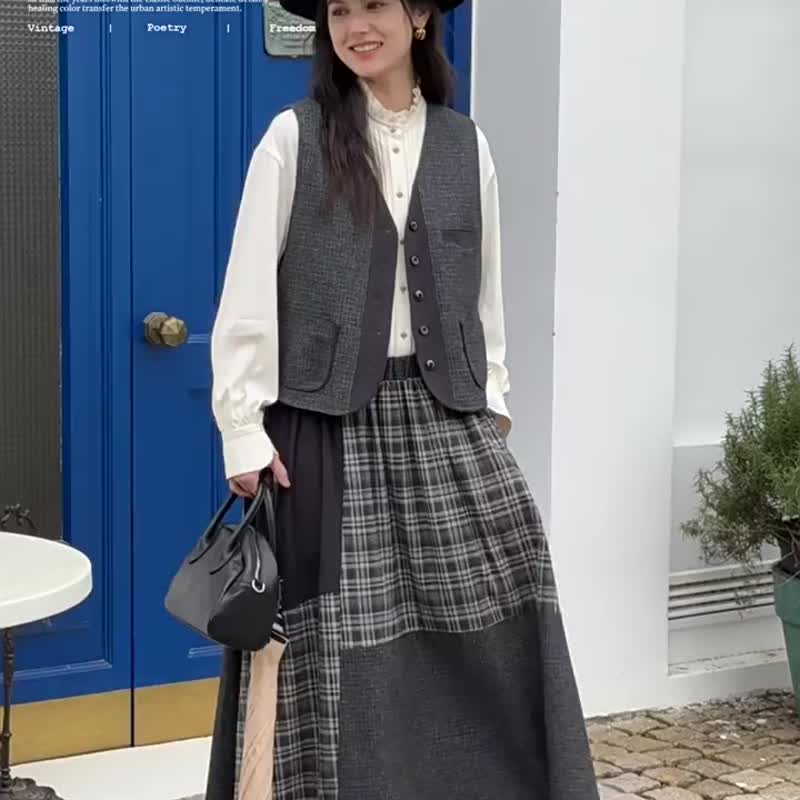 格雷灰 北島詩人 英倫復古文藝毛呢馬甲 灰系格紋毛呢背心 - 女装休闲/机能外套 - 羊毛 灰色
