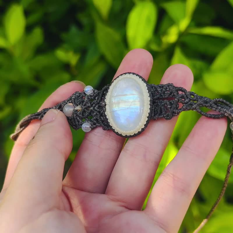 现货 雾散云开 共度一抹白月光 月光石蜡绳编织项链 - 项链 - 宝石 灰色