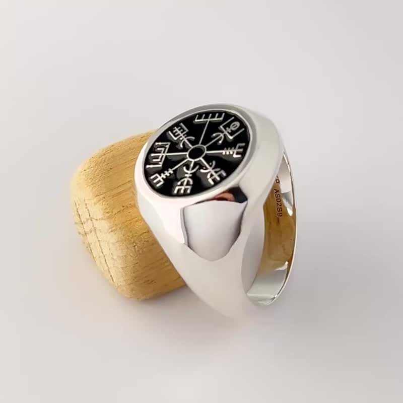 925银Vegvísir 男士印章戒指 - 意大利设计 - 戒指 - 纯银 银色