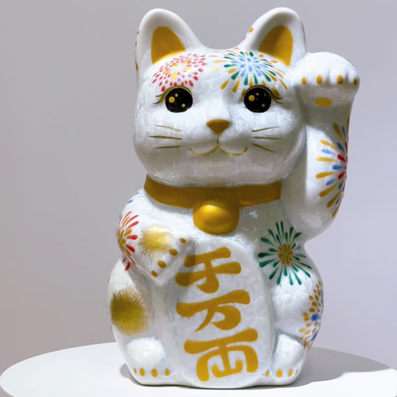 【炫华聚福】日本清水烧招财猫 | 色绘 - 花火 特大 - 摆饰 - 瓷 白色