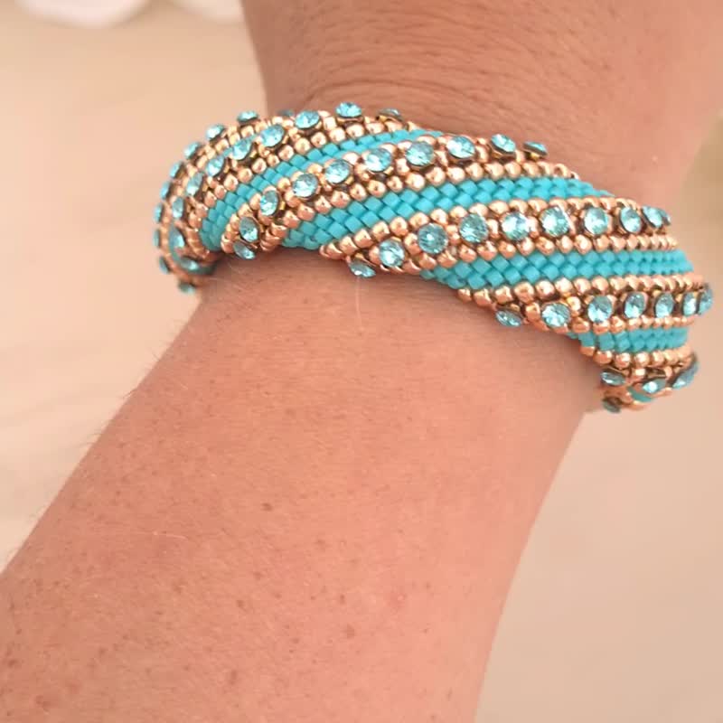 蓝水晶手链 土耳其石水钻手链 手链 项链 女 手工制作 吊绳 编织 手工 - 手链/手环 - 玻璃 蓝色