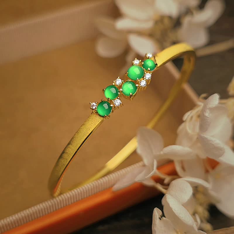 招财•健康•活力•高贵|放光冰玻阳绿|A货翡翠纯银多颗手镯链 - 手链/手环 - 玉石 